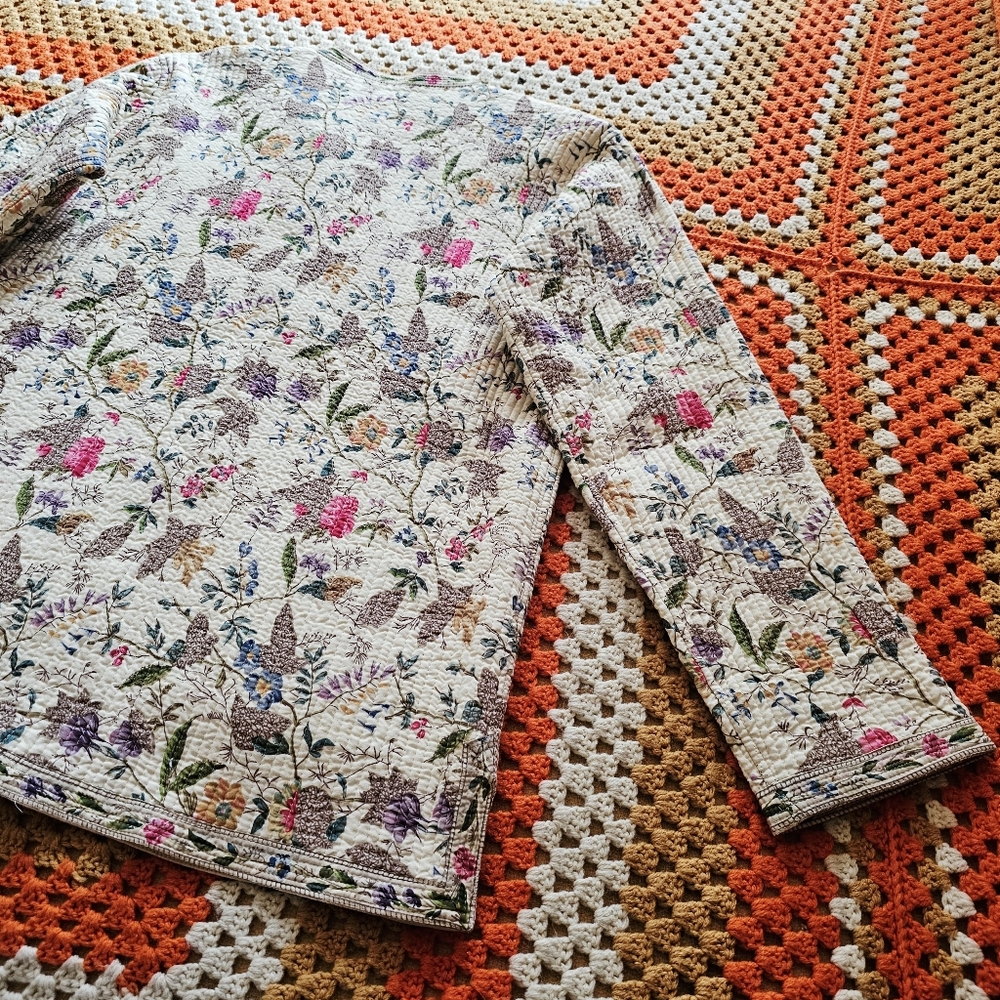 Vintage Reversible Quilted Floral Cream Off-White Light Asian Tang Style Jacket - Picture 9 of 16